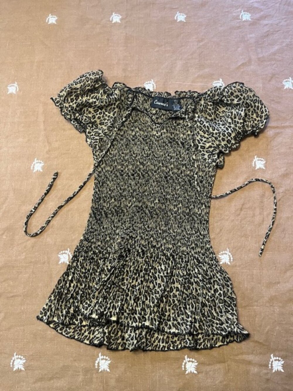 VTG Y2K Cassee's Sheer Leopard Print Pleated Blouse with Tie Size S